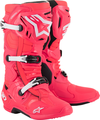 Alpinestars Tech 10 motocross boots in Diva Pink and White, US 8, European 42, showing rugged protective design and vibrant colors.