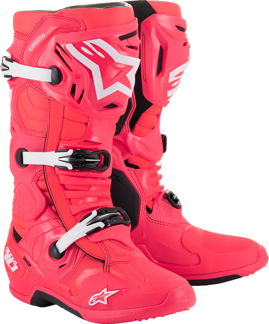 Alpinestars Tech 10 motocross boots in Diva Pink and White, US 8, European 42, showing rugged protective design and vibrant colors.