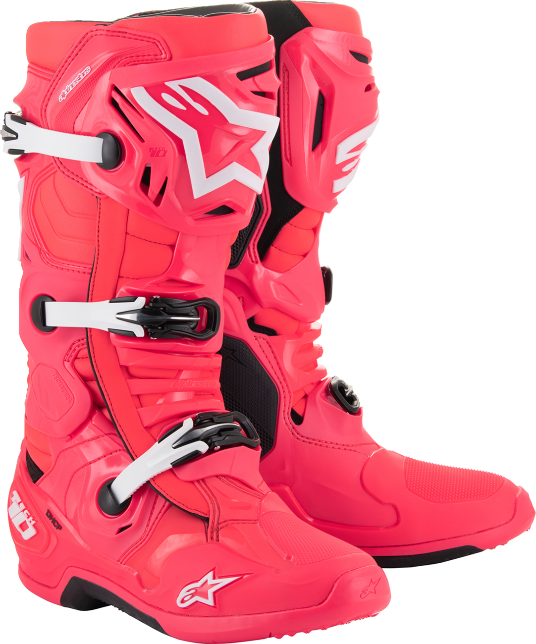 Alpinestars Tech 10 motocross boots in Diva Pink and White with advanced flex control, US 13 / EU 48 size.