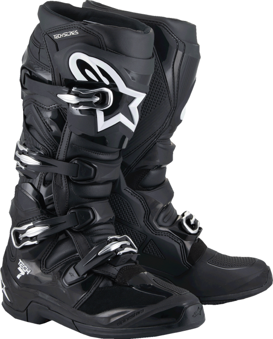 Black Alpinestars Tech 7 Off-Road Motorcycle Boots with protective ankle and sole details, US size 5, EU 38.