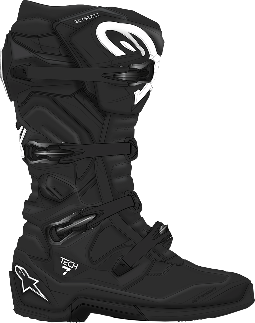 Alpinestars Tech 7 off-road motorcycle boots in black with reinforced ankle and sole detail, US size 6 / EU 39.