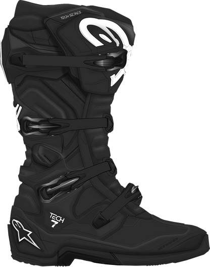 Alpinestars Tech 7 off-road motorcycle boots in black with reinforced ankle and sole detail, US size 6 / EU 39.