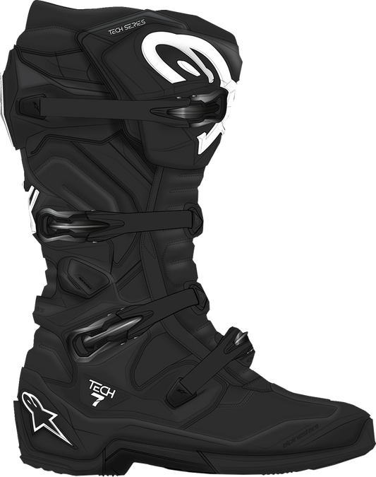 Alpinestars Tech 7 off-road motorcycle boots in black with reinforced ankle and sole detail, US size 6 / EU 39.