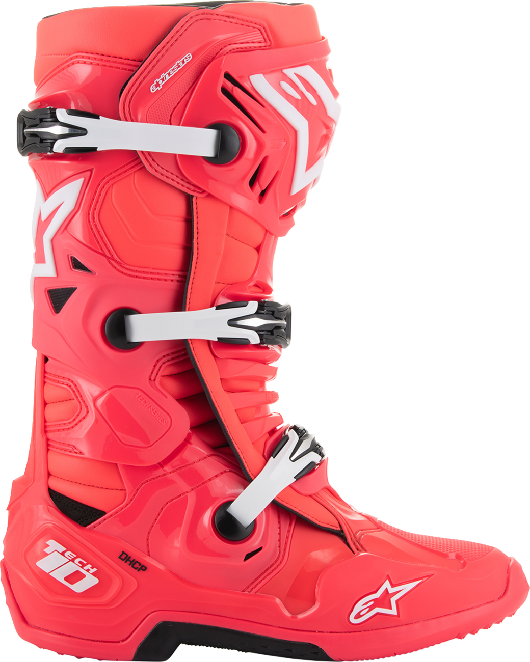 Alpinestars Tech 10 motorcycle boots in Diva Pink and White with advanced flex control, US 13 / EU 48, showing side view.