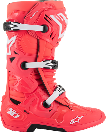 Alpinestars Tech 10 motorcycle boots in Diva Pink and White with advanced flex control, US 13 / EU 48, showing side view.