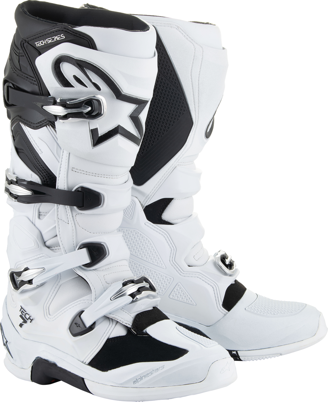 Alpinestars Tech 7 off-road motorcycle boots in white and black with protective features, US size 6 / EU 39.