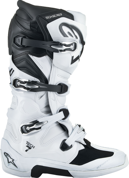 Alpinestars Tech 7 off-road motorcycle boots in white and black, US 6 / EU 39, with protective ankle and sole details.