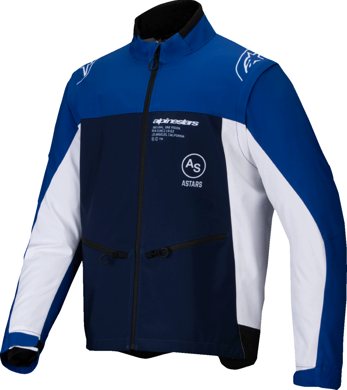 Alpinestars Lite-Dura softshell jacket in navy, blue, and white, large size, shown on a hanger.