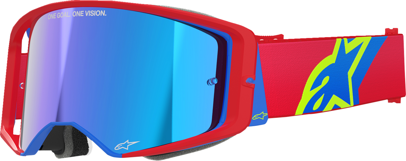 Alpinestars Supertech goggles with red and blue frame, blue mirror lens, designed for racing and high-performance riding.