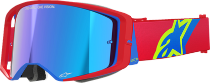 Alpinestars Supertech goggles with red and blue frame, blue mirror lens, designed for racing and high-performance riding.