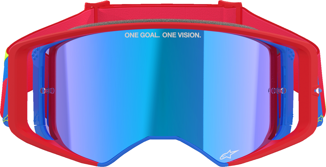 Alpinestars Supertech goggles with red and blue frame, blue mirror lens, and adjustable strap for motorcycle riding.