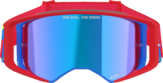 Alpinestars Supertech goggles with red and blue frame, blue mirror lens, and adjustable strap for motorcycle riding.