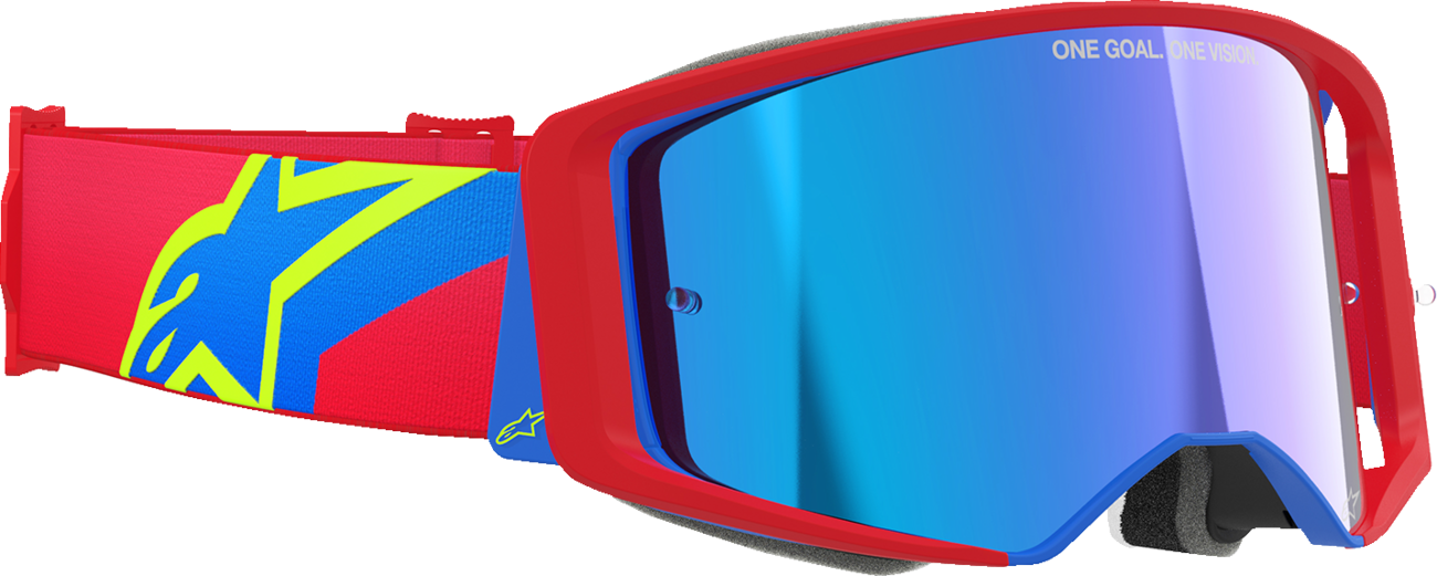 Alpinestars Supertech motorcycle goggles with red and blue frame, blue mirror lens, and ABS construction.