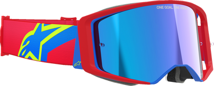 Alpinestars Supertech motorcycle goggles with red and blue frame, blue mirror lens, and ABS construction.