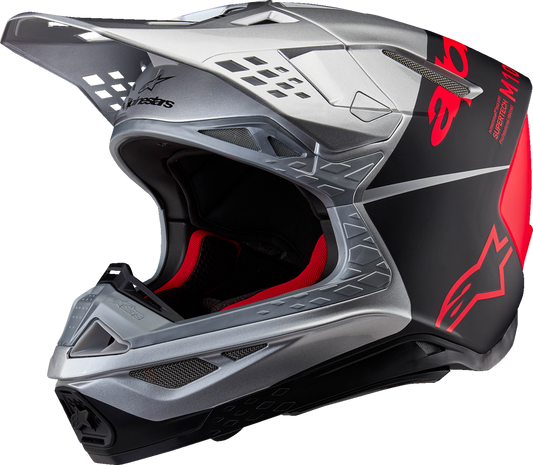 Alpinestars Supertech M10 helmet in gloss silver, black, and orange fluo with MIPS® protection, displayed in medium size.