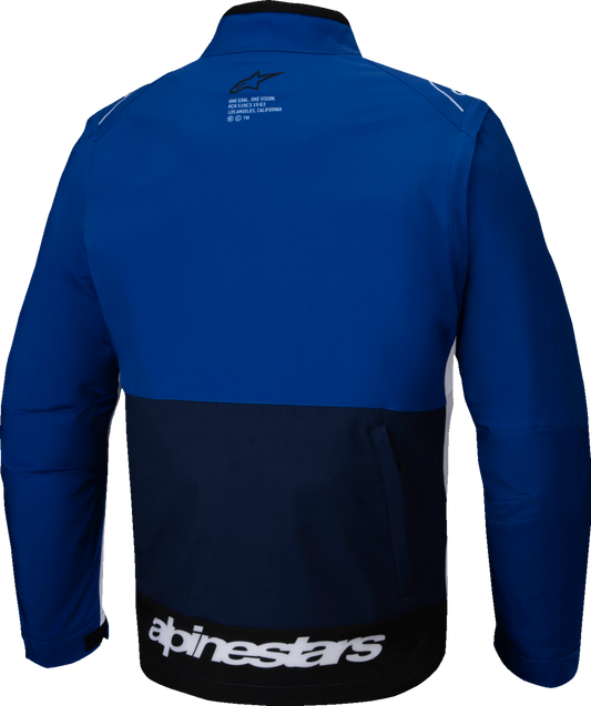 Alpinestars Lite-Dura softshell jacket in navy, blue, and white, size large, featuring a sleek design and durable fabric.