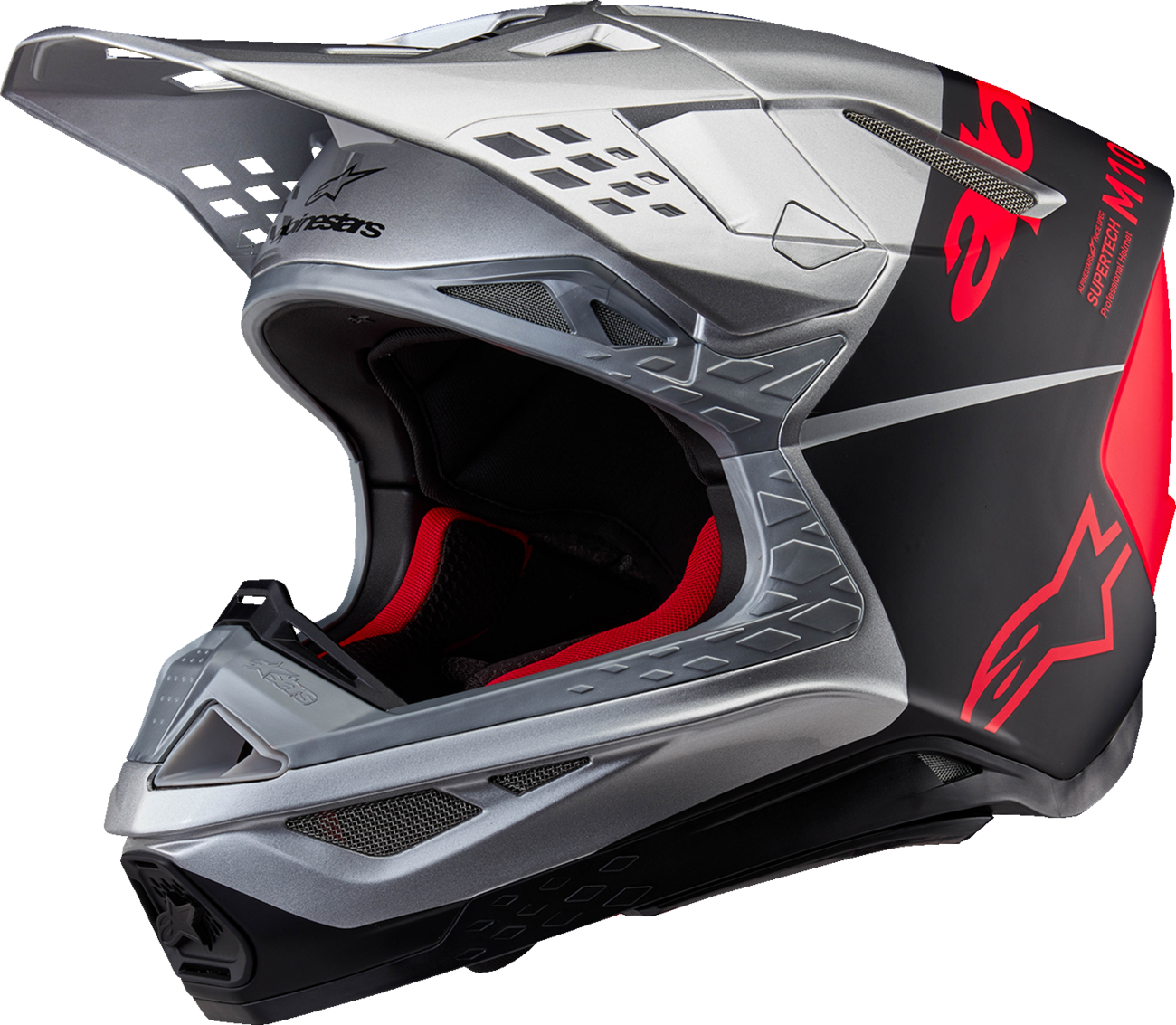 Alpinestars Supertech M10 Flood helmet with MIPS in gloss silver, black, and orange fluo, size XL, front view showing helmet details.
