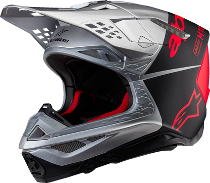 Alpinestars Supertech M10 Flood helmet with MIPS in gloss silver, black, and orange fluo, size XL, front view showing helmet details.