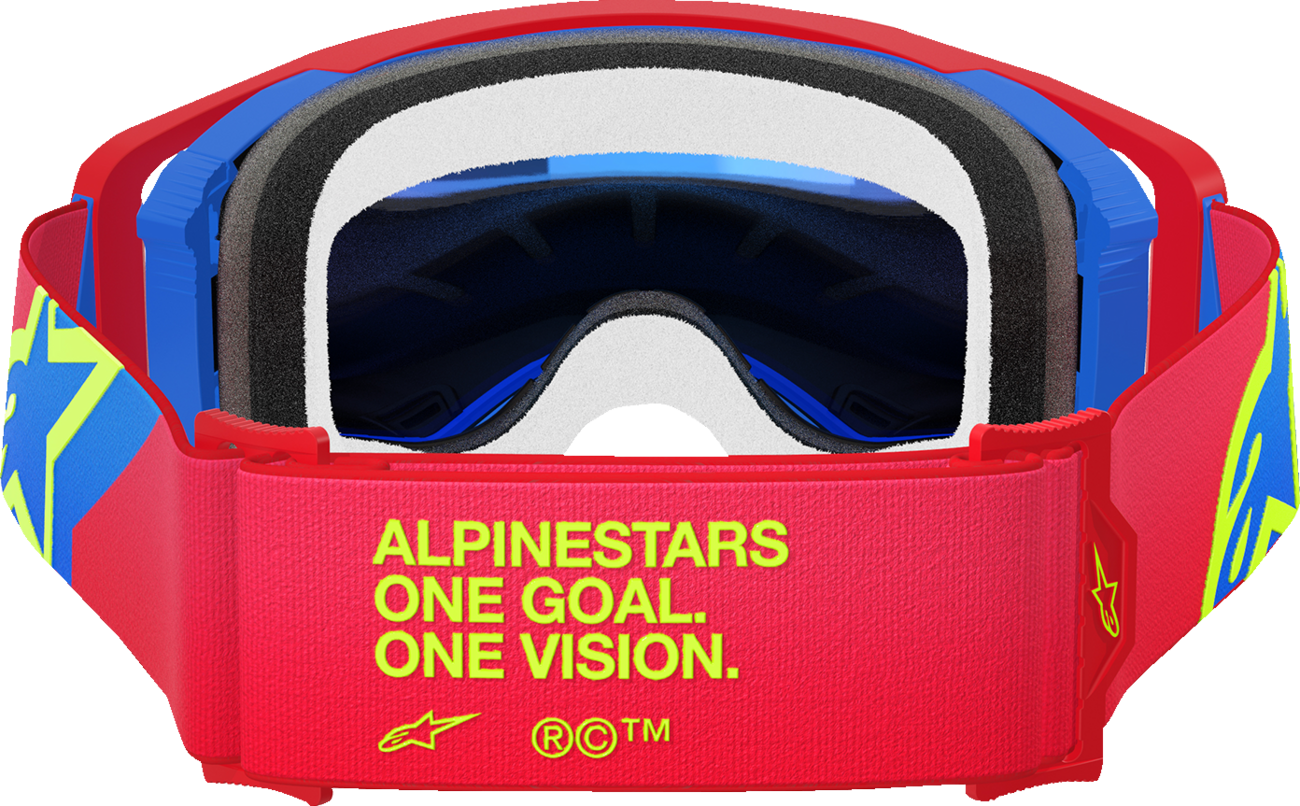 Alpinestars GOGGLES Supertech Corp Red/Blue with blue mirror lens, featuring a sleek design and adjustable strap.
