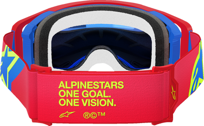 Alpinestars GOGGLES Supertech Corp Red/Blue with blue mirror lens, featuring a sleek design and adjustable strap.