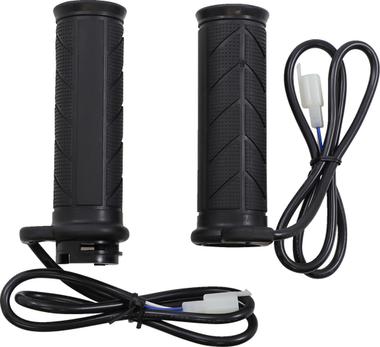 Bill's Exhausts Show Chrome Heated Grips for Ryker engine, black finish with chrome accents, designed for motorcycle handlebar comfort.