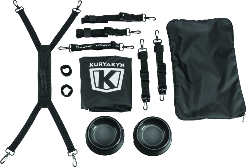 Kuryakyn Grand Pet Palace motorcycle pet carrier in black with mesh windows and secure zipper closure.