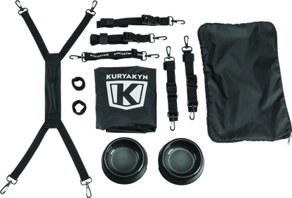 Kuryakyn Grand Pet Palace motorcycle pet carrier in black with mesh windows and secure zipper closure.
