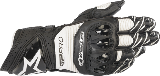 Alpinestars GP Pro RS3 motorcycle gloves in black and white, small size, with reinforced knuckles and adjustable wrist closure