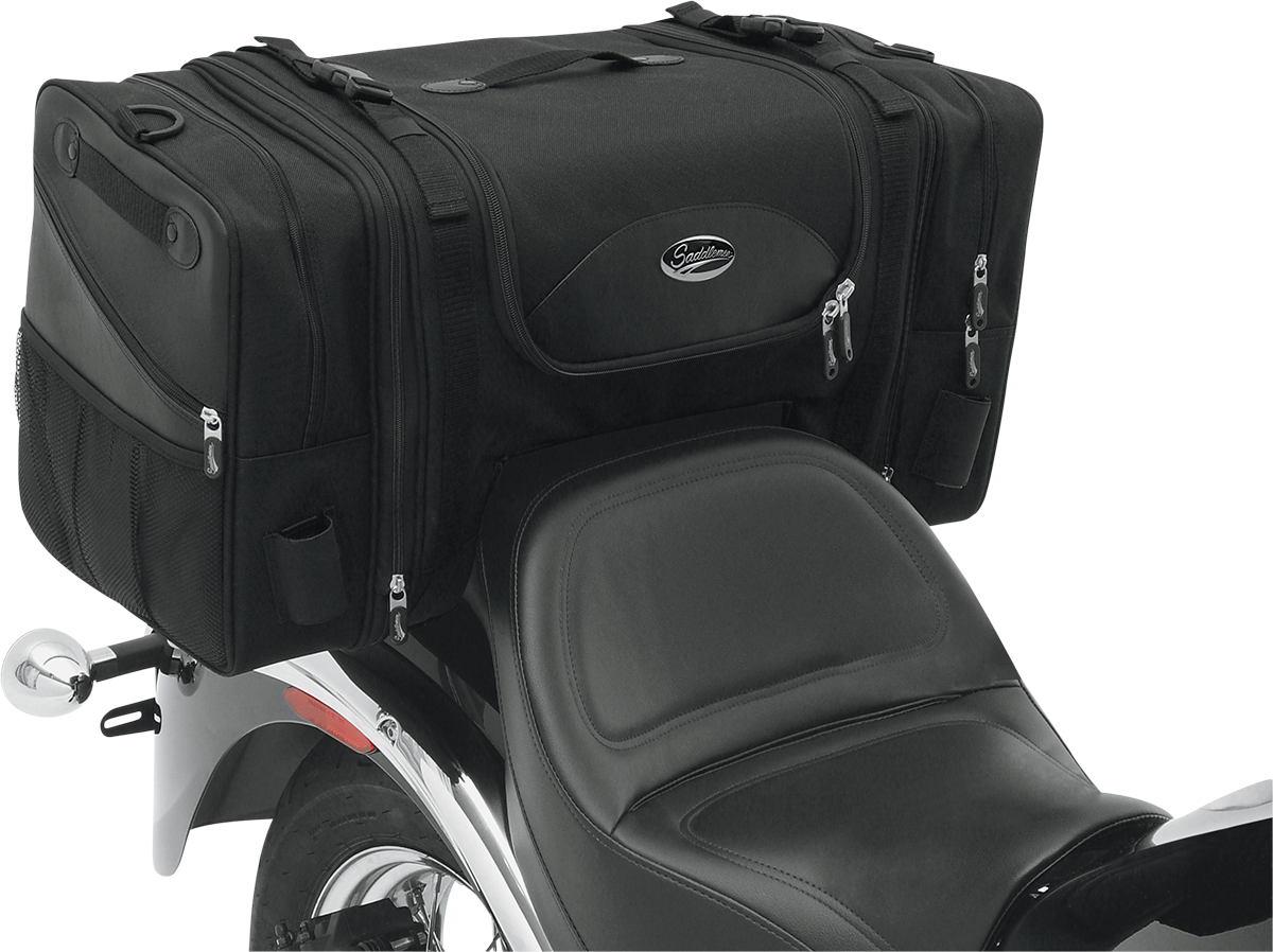 SADDLEMEN Deluxe Cruiser Tail Bag 3516-0036 on motorcycle seat, featuring durable material and spacious storage for cruiser bikes.