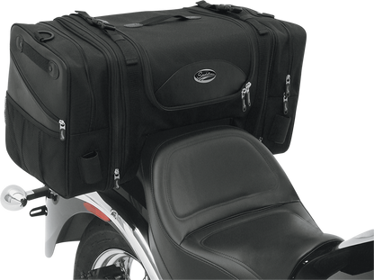 SADDLEMEN Deluxe Cruiser Tail Bag 3516-0036 on motorcycle seat, featuring durable material and spacious storage for cruiser bikes.