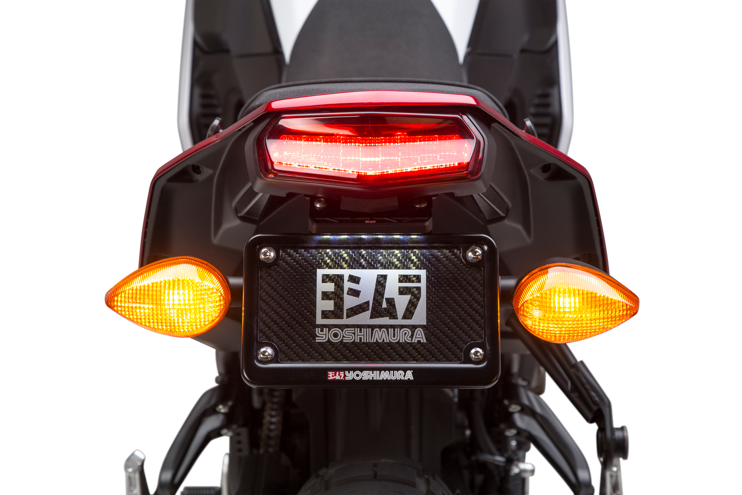YOSHIMURA Fender Eliminator Kit for Yamaha motorcycle, showing sleek black rear license plate assembly and LED light.
