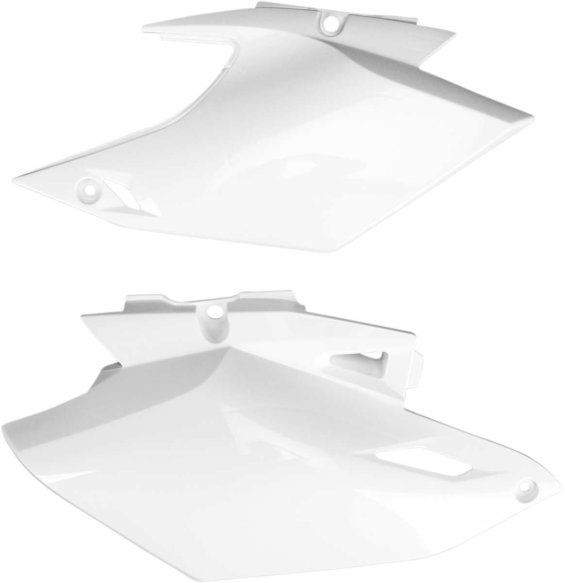 White Acerbis side panels for motorcycle body, designed for Bill's Exhausts, with a sleek, contoured appearance.