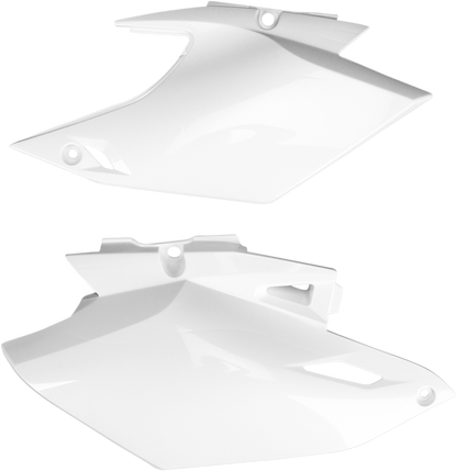 White Acerbis side panels for motorcycle body, designed for Bill's Exhausts, with a sleek, contoured appearance.