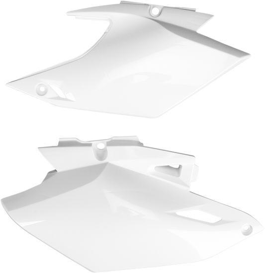 White Acerbis side panels for motorcycle body, designed for Bill's Exhausts, with a sleek, contoured appearance.