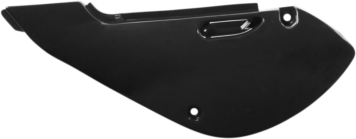 Black ACERBIS side panels for motorcycle body, designed for durability and style, shown installed on the bike.