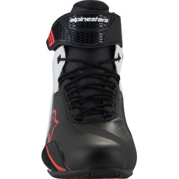 Alpinestars Faster-4 motorcycle shoes in black, white, and red with US 11.5 size, designed for riding comfort and protection.