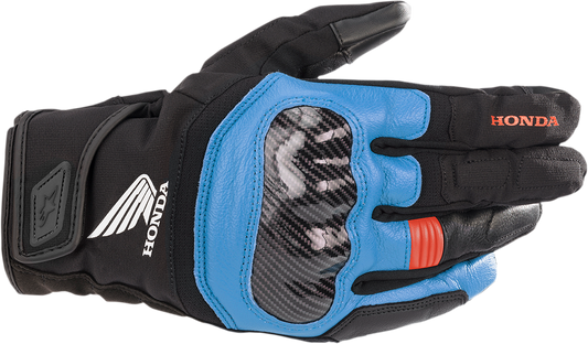 Alpinestars Honda SMX Z Drystar gloves in black, blue, and bright red, medium size, with protective knuckles and adjustable wrist strap.