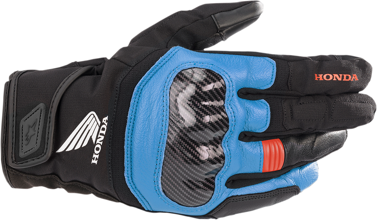 Alpinestars Honda SMX Z Drystar® motorcycle gloves in black, blue, and bright red, size XL, with protective knuckles and textured palms.