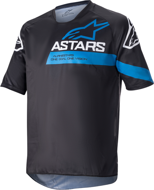 Alpinestars Racer V3 motorcycle jersey in black and bright blue, medium size, featuring breathable fabric and racing design.