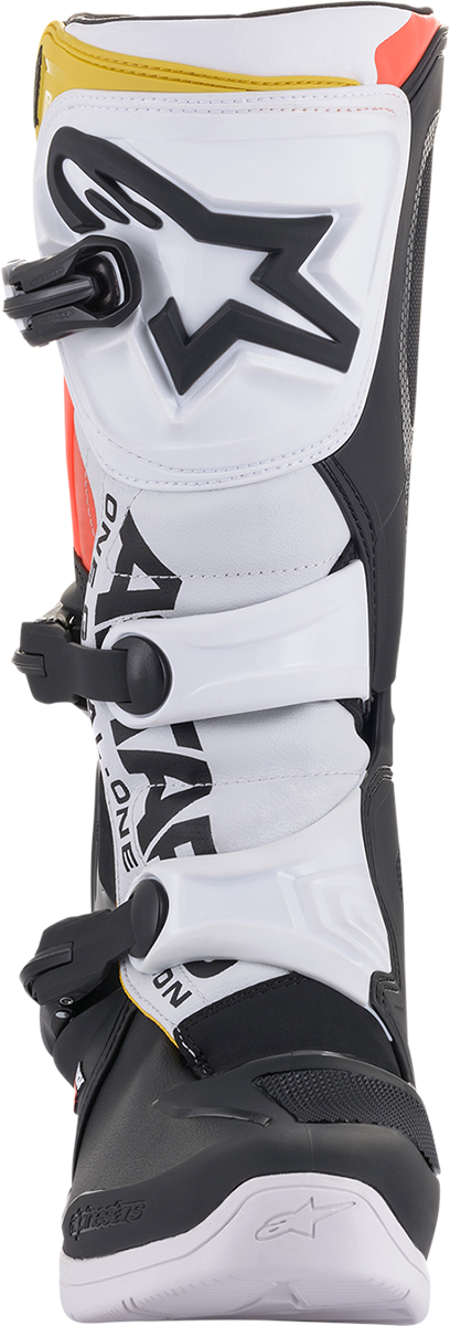 Alpinestars Tech 3 motorcycle boots in black, white, and orange with protective features, US size 9.