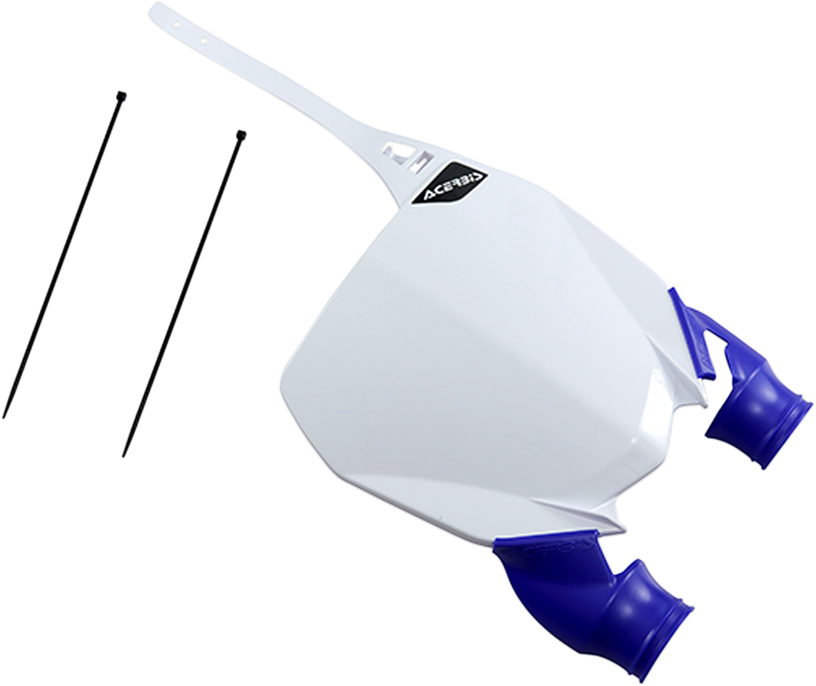 Acerbis Raptor number plate in white and blue, designed for motorcycle body customization, featuring bold graphics and branding.