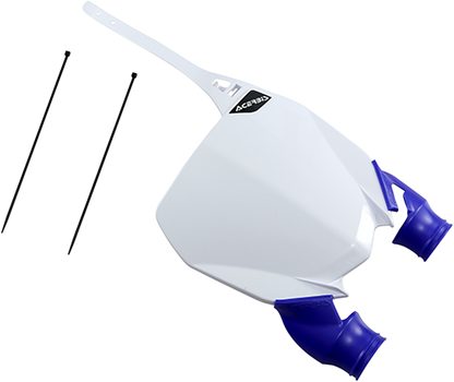Acerbis Raptor number plate in white and blue, designed for motorcycle body customization, featuring bold graphics and branding.