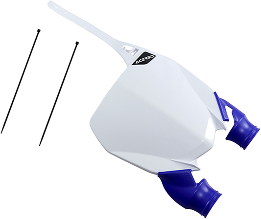 Acerbis Raptor number plate in white and blue, designed for motorcycle body customization, featuring bold graphics and branding.