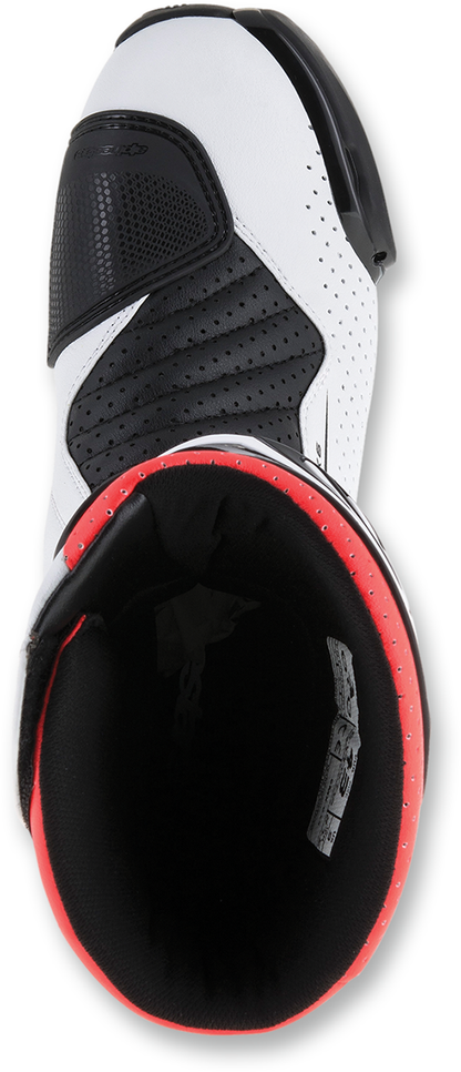 Alpinestars SMX-6 v2 vented motorcycle boots in black, white, and red fluorescent with protective design and adjustable straps.