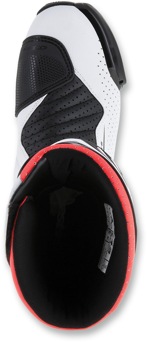 Alpinestars SMX-6 v2 vented motorcycle boots in black, white, and red fluorescent with US 10.5 size, showing the design and ventilation.