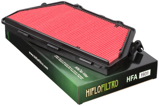 HIFLOFILTRO HFA1931 air filter for high-performance engines, showing a clean, rectangular automotive air filter with pleated filtering material.