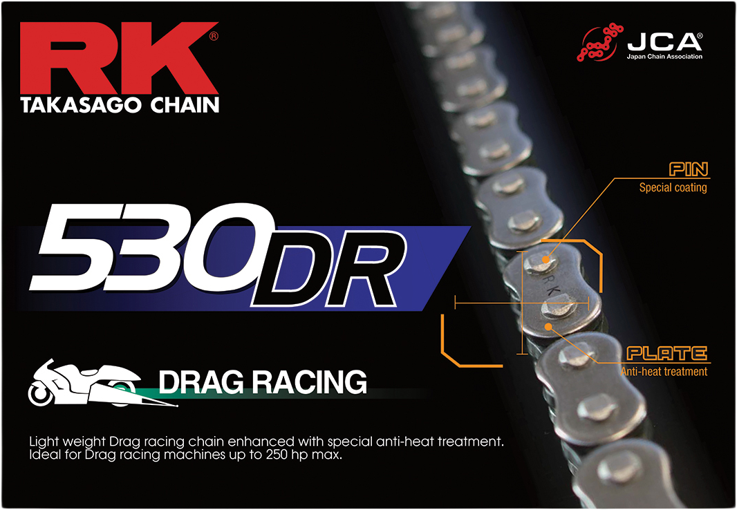 RK EXCEL 530DR drag racing motorcycle chain, 530x120, high-performance chain featuring durable links and precision construction.