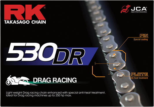 RK EXCEL 530DR drag racing motorcycle chain, 530x120, high-performance chain featuring durable links and precision construction.