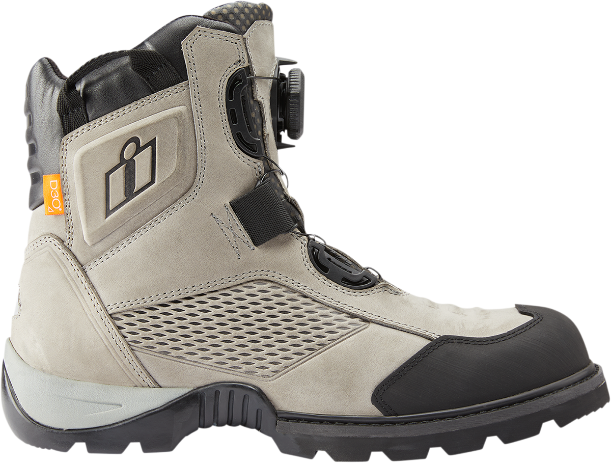 Gray ICON Stormhawk boots by Bill's Exhausts, size 10, showing sturdy leather construction and rugged design.