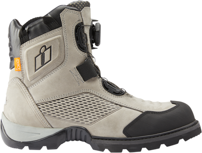 Gray ICON Stormhawk boots by Bill's Exhausts, size 10, showing sturdy leather construction and rugged design.